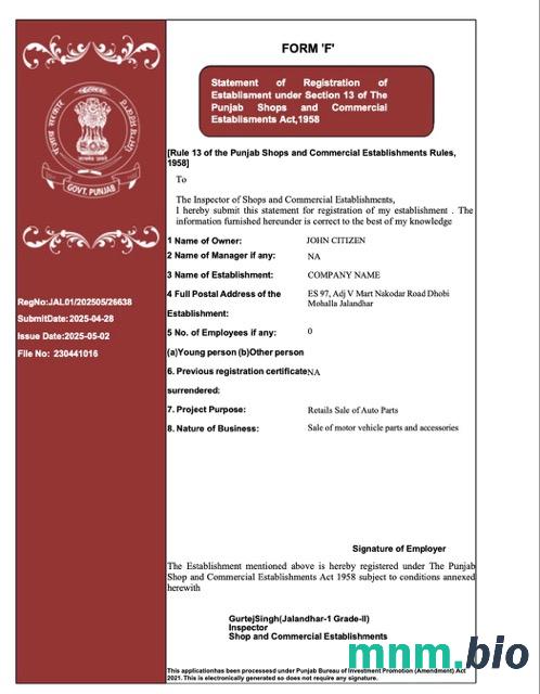 India Punjab registration vcertyfikat Word i szablon PDF, version 2